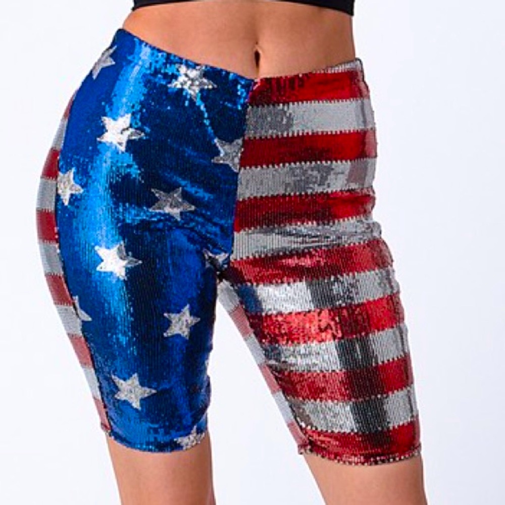 Restocked! 4th Of July “Red White Blue” Metallic Sequin Biker Shorts - Picture 2 of 5
